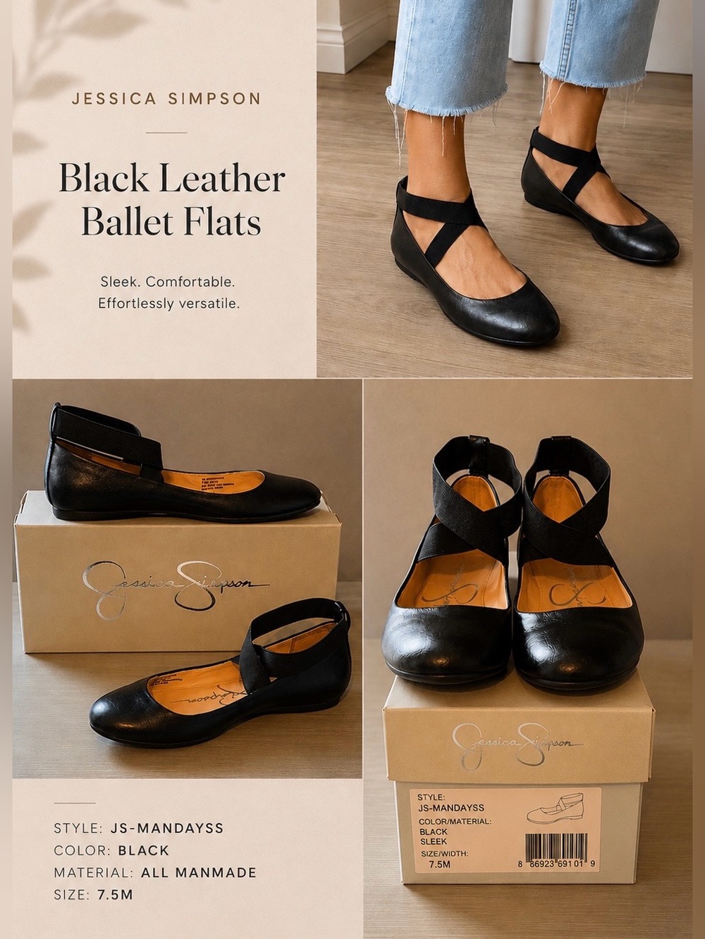 Jessica Simpson Ballet Flats with Box FAUX Leather Black Sleek Mandayss Size 7.5